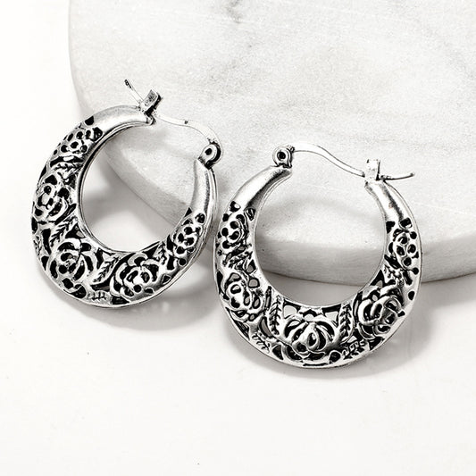 Ethnic Openwork Carved Hollow Pattern Horn Hoop Earrings Women Gift Jewelry