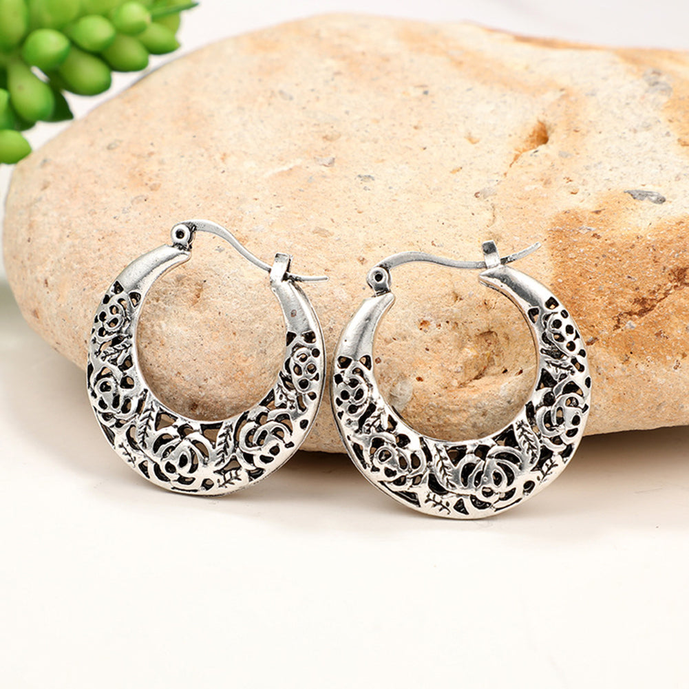 Ethnic Openwork Carved Hollow Pattern Horn Hoop Earrings Women Gift Jewelry
