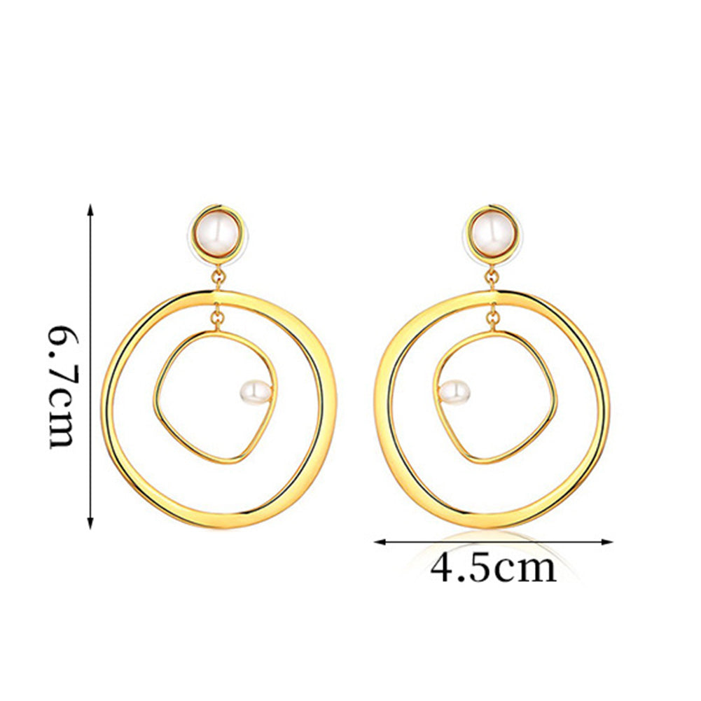 Women Fashion Hollow Faux Pearl Circle Pendant Jewelry Dangle Drop Earrings
