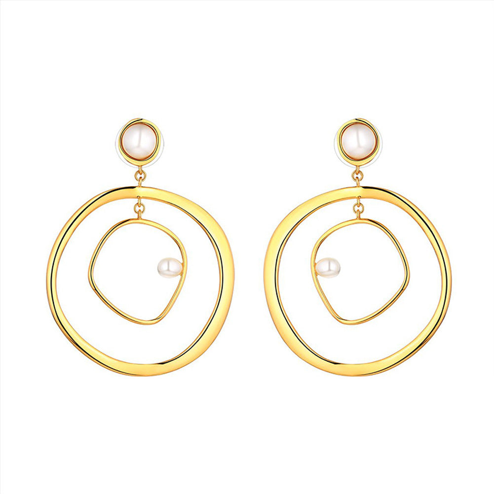 Women Fashion Hollow Faux Pearl Circle Pendant Jewelry Dangle Drop Earrings