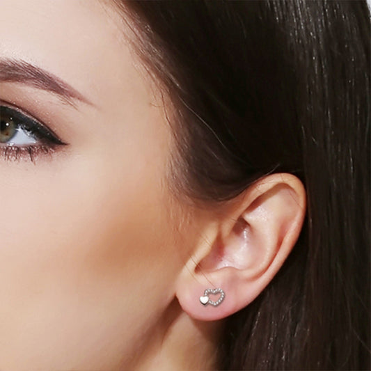 Fashion Double Love Heart Rhinestone Ear Studs Anti Allergy Girls Club Earrings