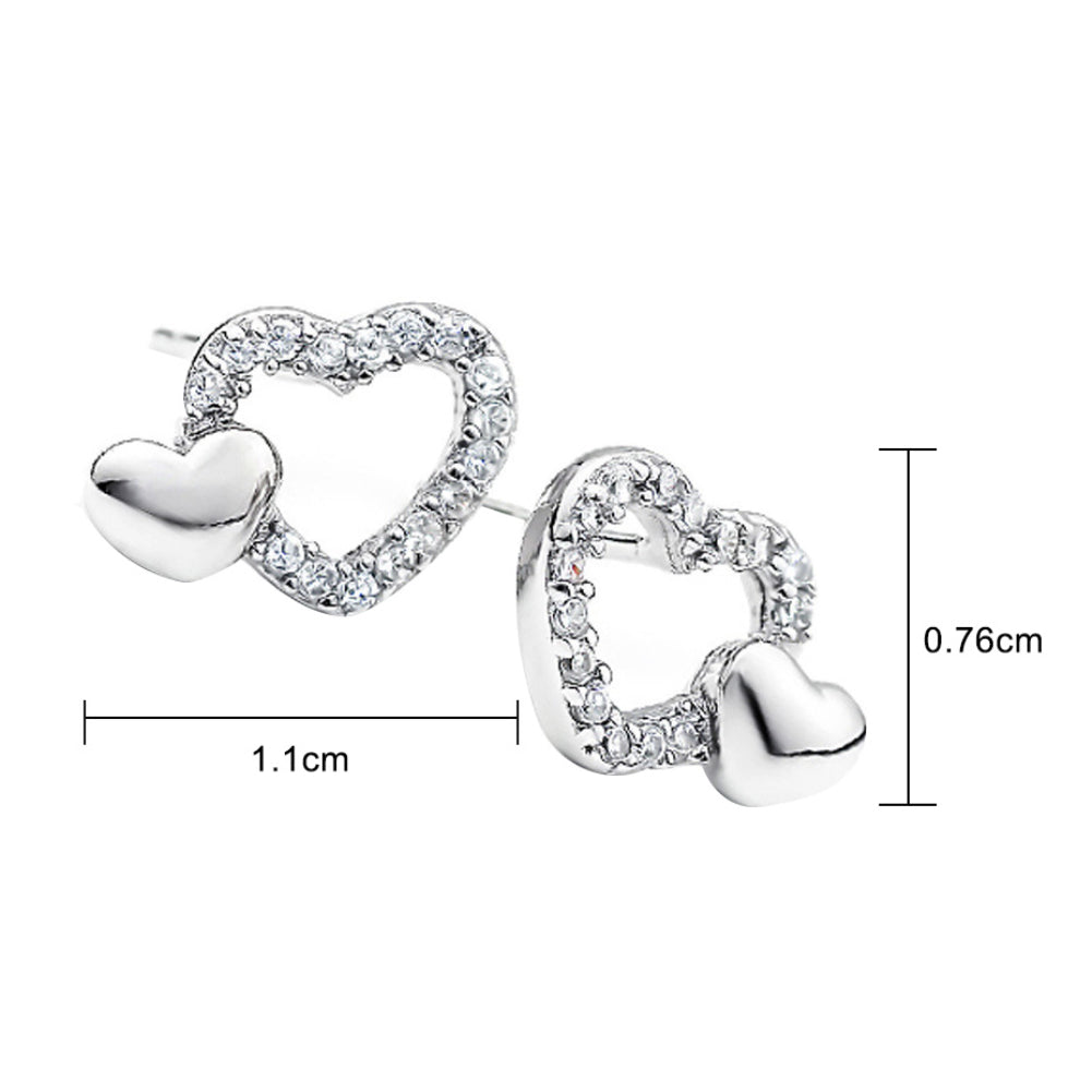 Fashion Double Love Heart Rhinestone Ear Studs Anti Allergy Girls Club Earrings