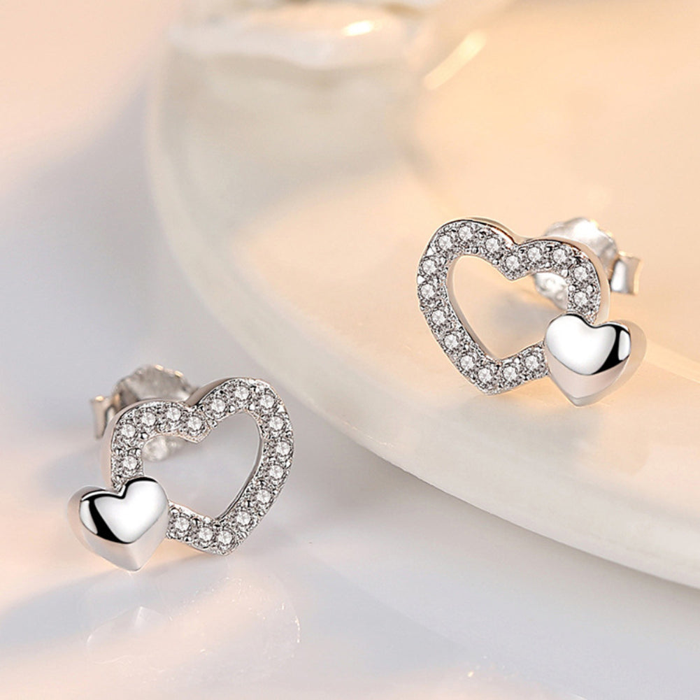 Fashion Double Love Heart Rhinestone Ear Studs Anti Allergy Girls Club Earrings