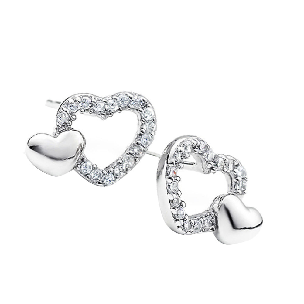 Fashion Double Love Heart Rhinestone Ear Studs Anti Allergy Girls Club Earrings