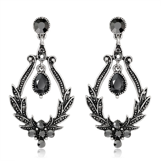 Women Vintage Faux Black Gem Leaves Hollow Dangle Earrings Party Jewelry Gift