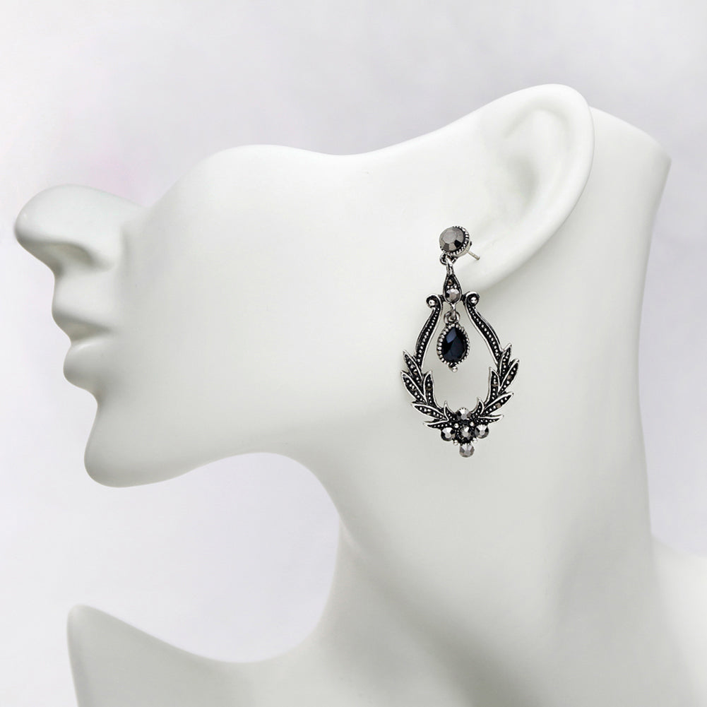 Women Vintage Faux Black Gem Leaves Hollow Dangle Earrings Party Jewelry Gift