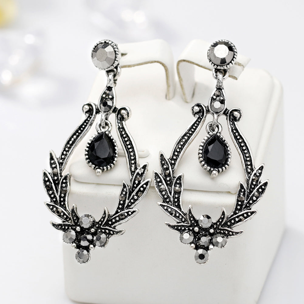 Women Vintage Faux Black Gem Leaves Hollow Dangle Earrings Party Jewelry Gift