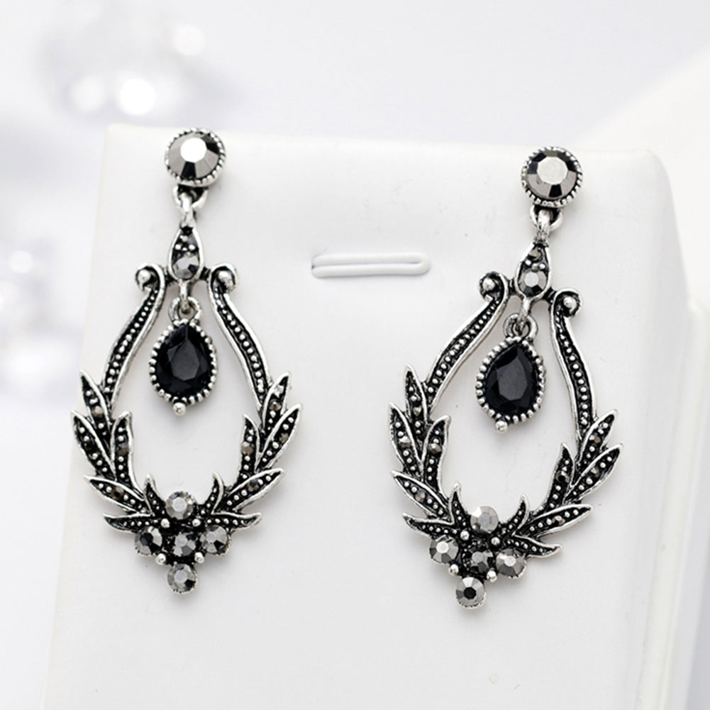 Women Vintage Faux Black Gem Leaves Hollow Dangle Earrings Party Jewelry Gift