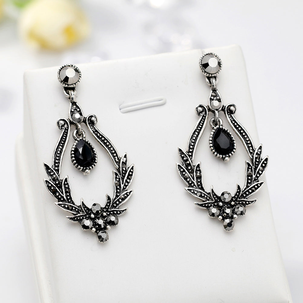 Women Vintage Faux Black Gem Leaves Hollow Dangle Earrings Party Jewelry Gift