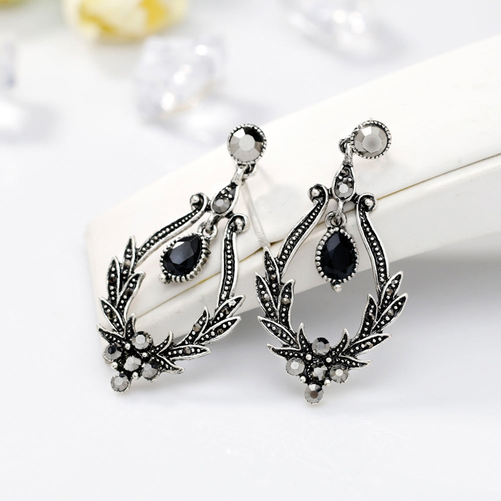 Women Vintage Faux Black Gem Leaves Hollow Dangle Earrings Party Jewelry Gift