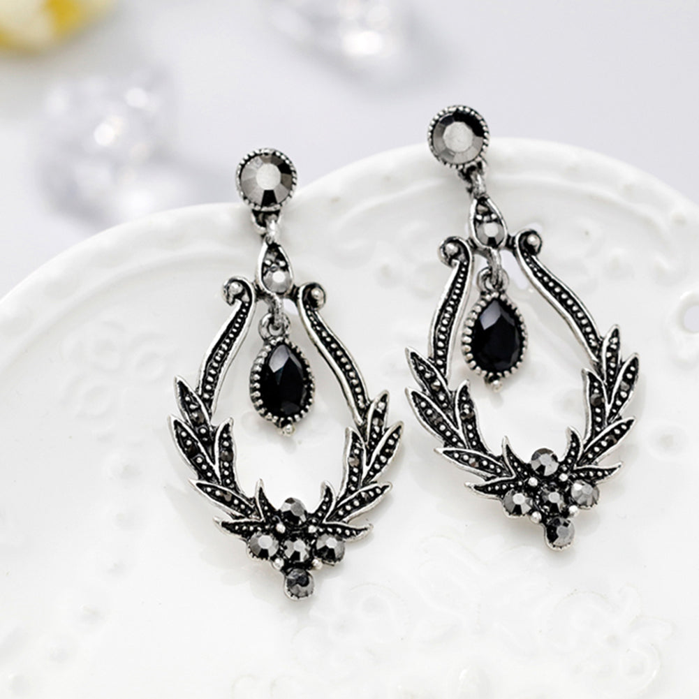 Women Vintage Faux Black Gem Leaves Hollow Dangle Earrings Party Jewelry Gift