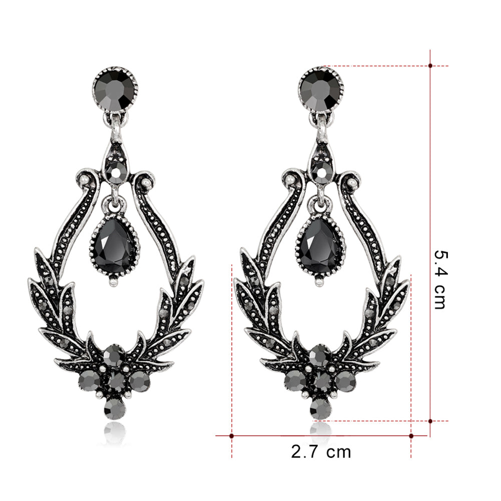 Women Vintage Faux Black Gem Leaves Hollow Dangle Earrings Party Jewelry Gift