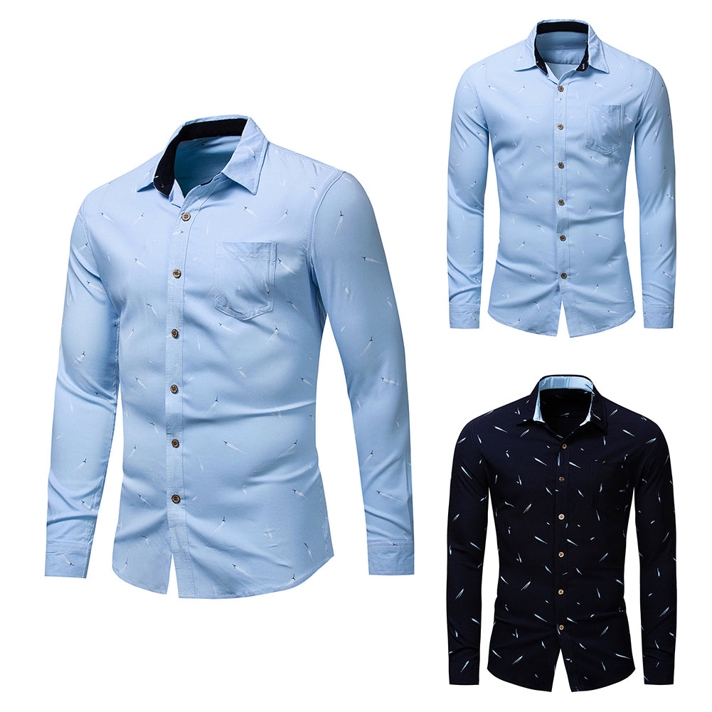 Plus Size Men Feather Print Turn Down Collar Long Sleeve Shirt Slim Buttons Top