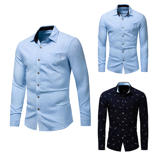 Plus Size Men Feather Print Turn Down Collar Long Sleeve Shirt Slim Buttons Top