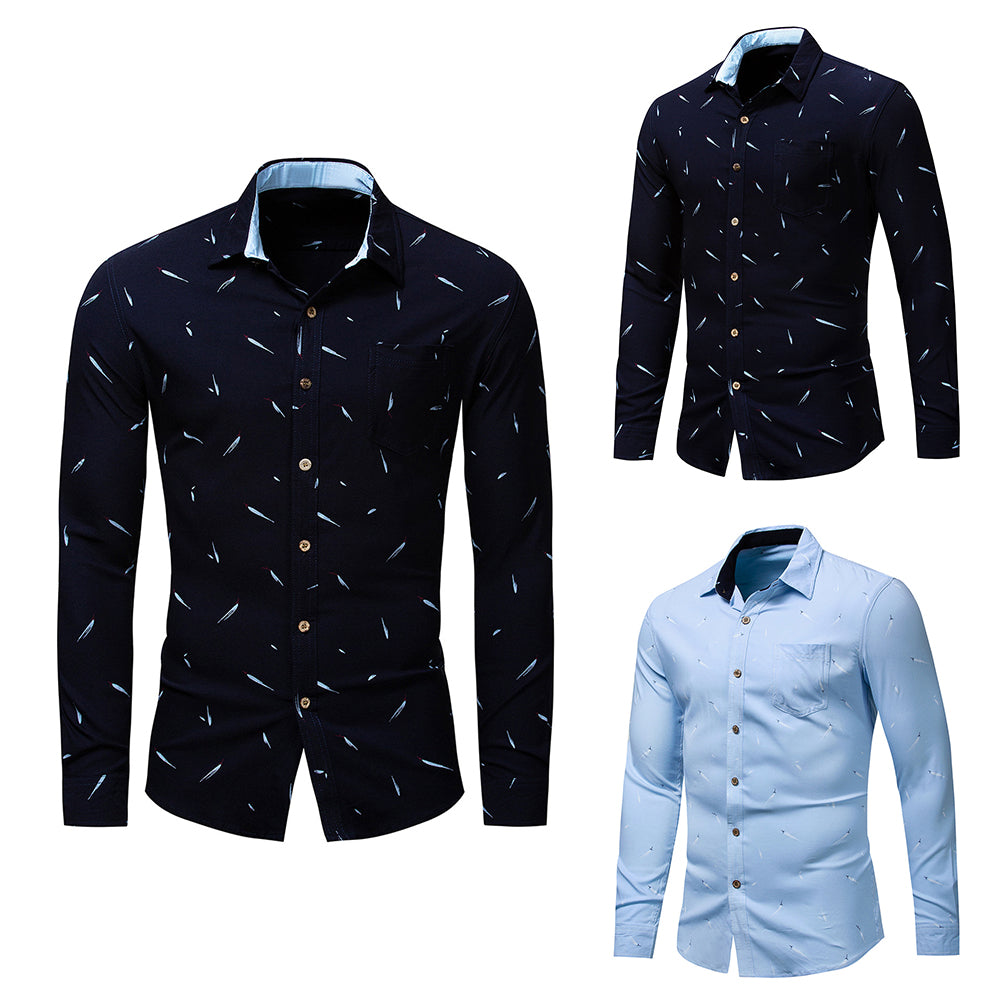 Plus Size Men Feather Print Turn Down Collar Long Sleeve Shirt Slim Buttons Top