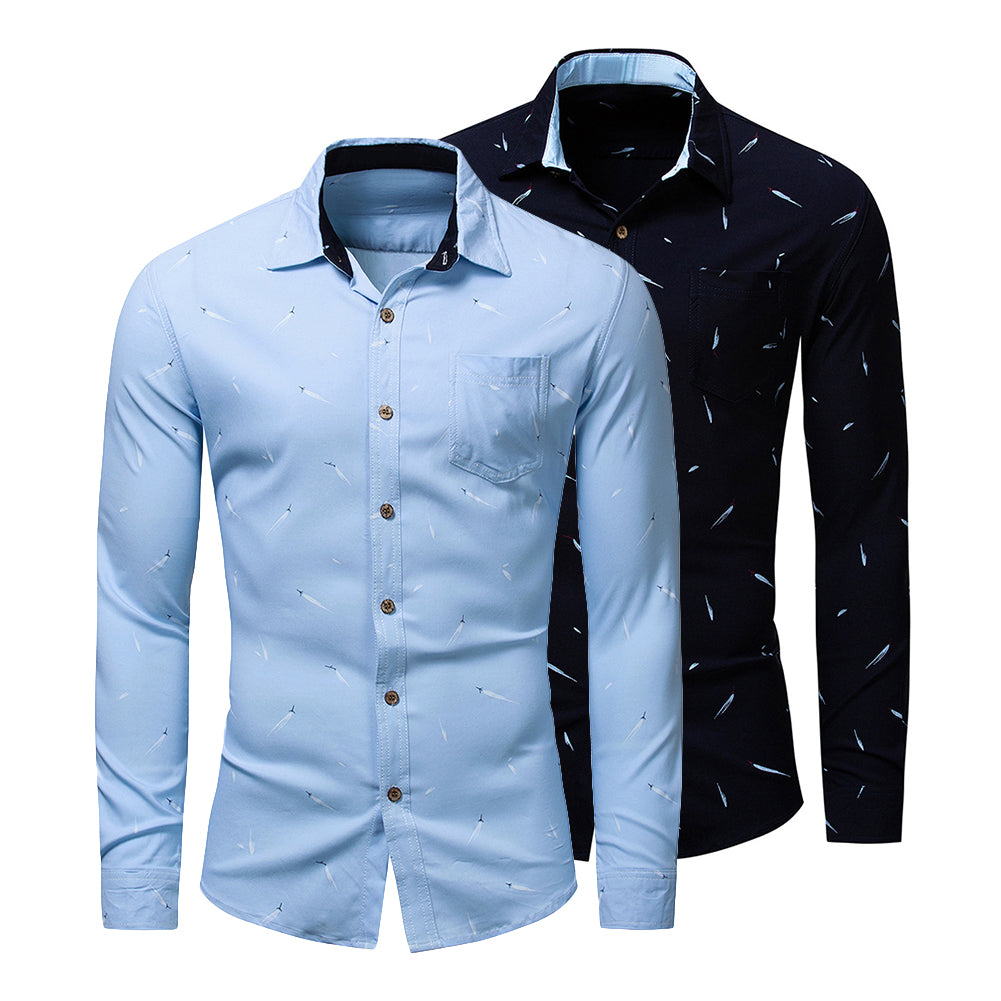 Plus Size Men Feather Print Turn Down Collar Long Sleeve Shirt Slim Buttons Top