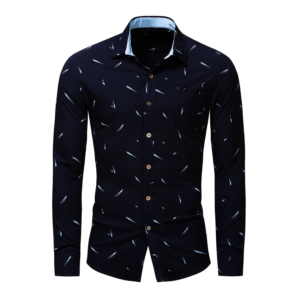 Plus Size Men Feather Print Turn Down Collar Long Sleeve Shirt Slim Buttons Top