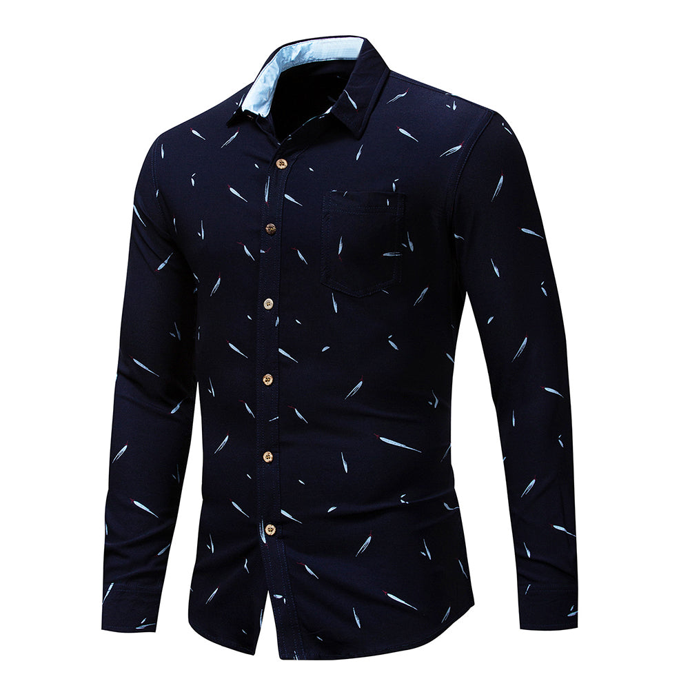 Plus Size Men Feather Print Turn Down Collar Long Sleeve Shirt Slim Buttons Top
