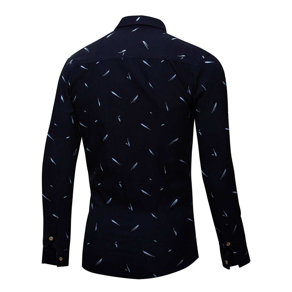 Plus Size Men Feather Print Turn Down Collar Long Sleeve Shirt Slim Buttons Top