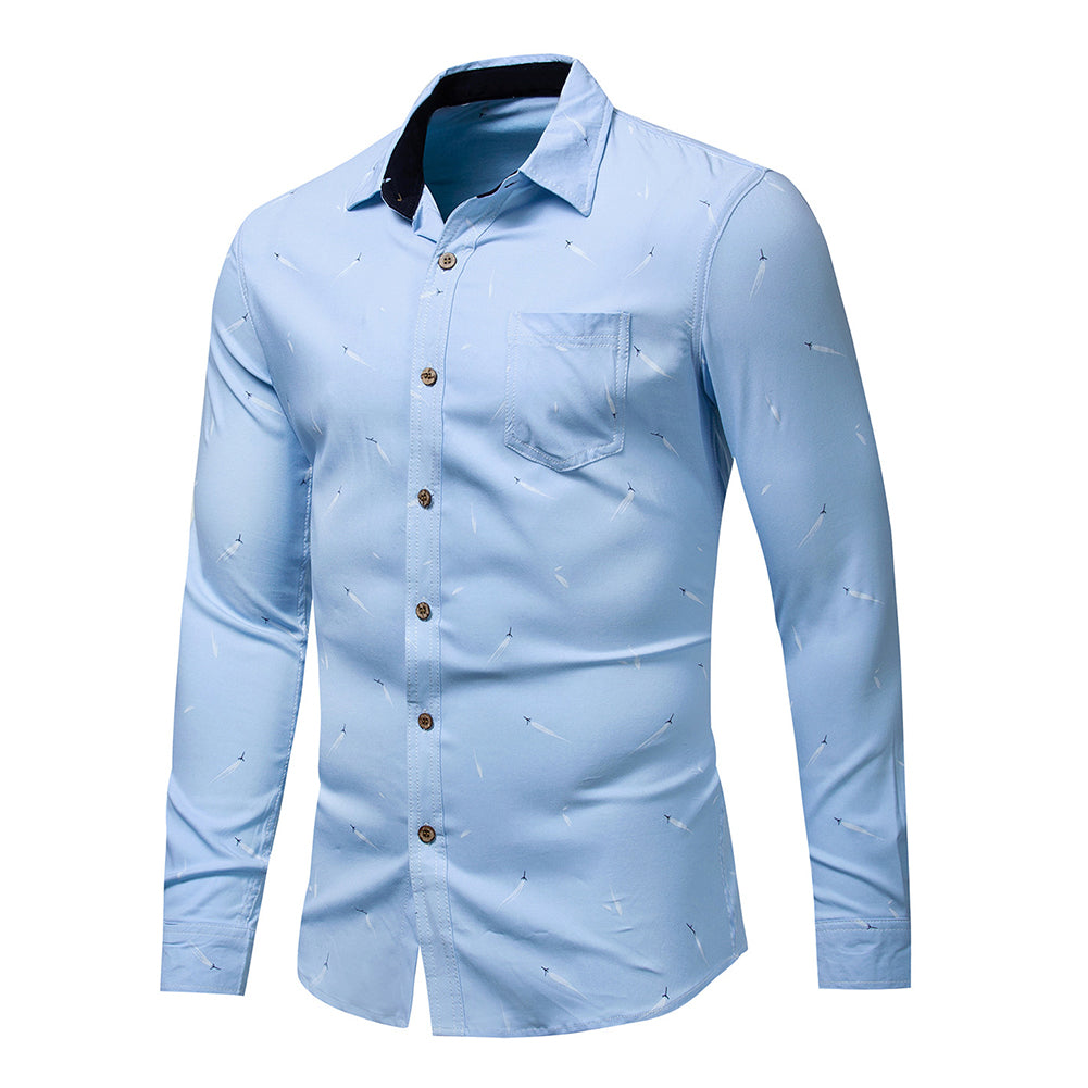 Plus Size Men Feather Print Turn Down Collar Long Sleeve Shirt Slim Buttons Top