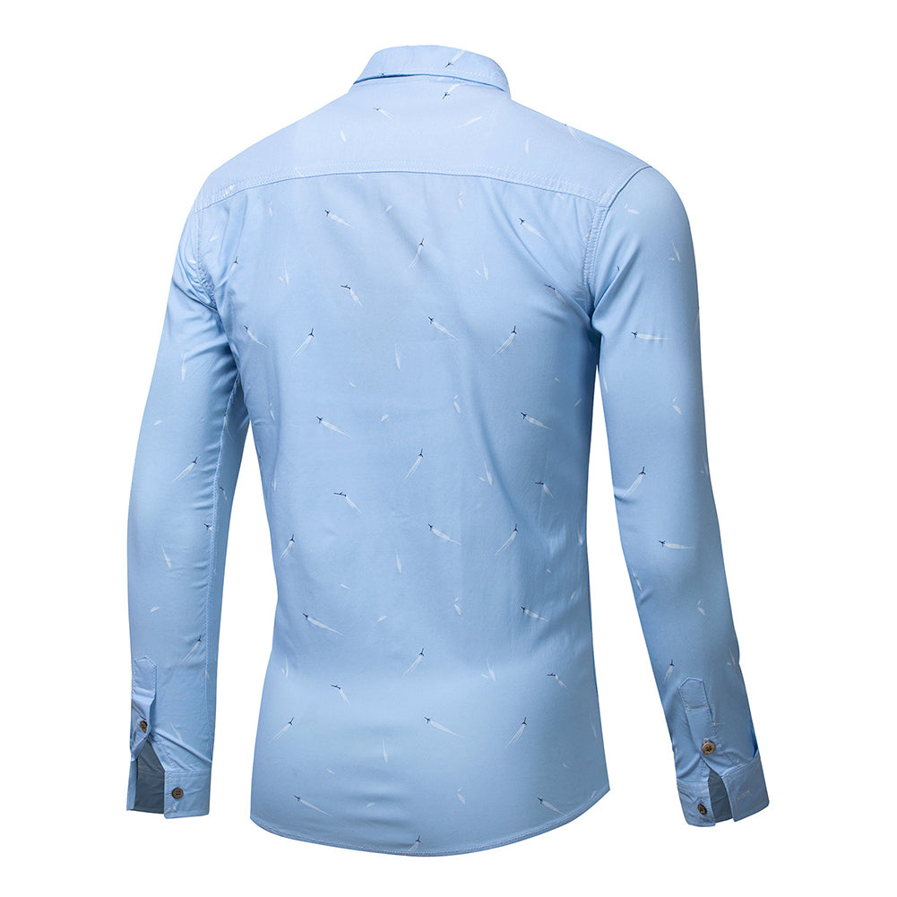 Plus Size Men Feather Print Turn Down Collar Long Sleeve Shirt Slim Buttons Top