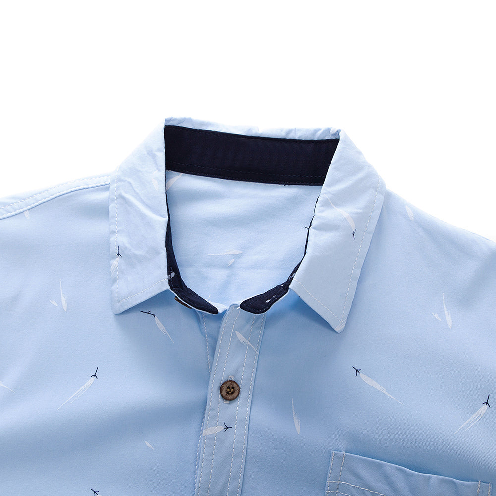 Plus Size Men Feather Print Turn Down Collar Long Sleeve Shirt Slim Buttons Top