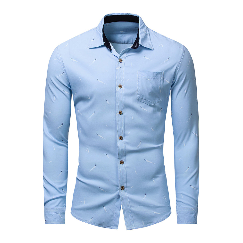 Plus Size Men Feather Print Turn Down Collar Long Sleeve Shirt Slim Buttons Top