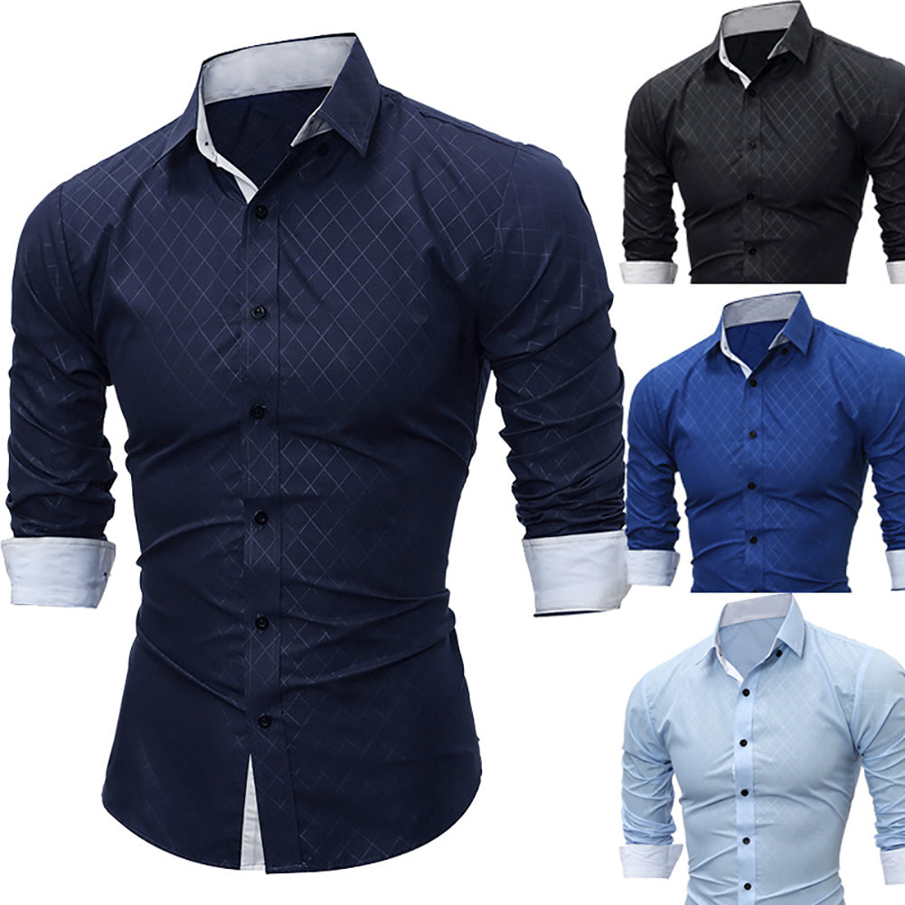 Fashion Casual Lapel Shirt Button Down Plaid Long Sleeve Slim Fit Top Men Gift