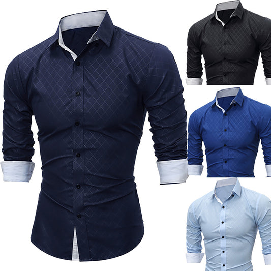 Fashion Casual Lapel Shirt Button Down Plaid Long Sleeve Slim Fit Top Men Gift