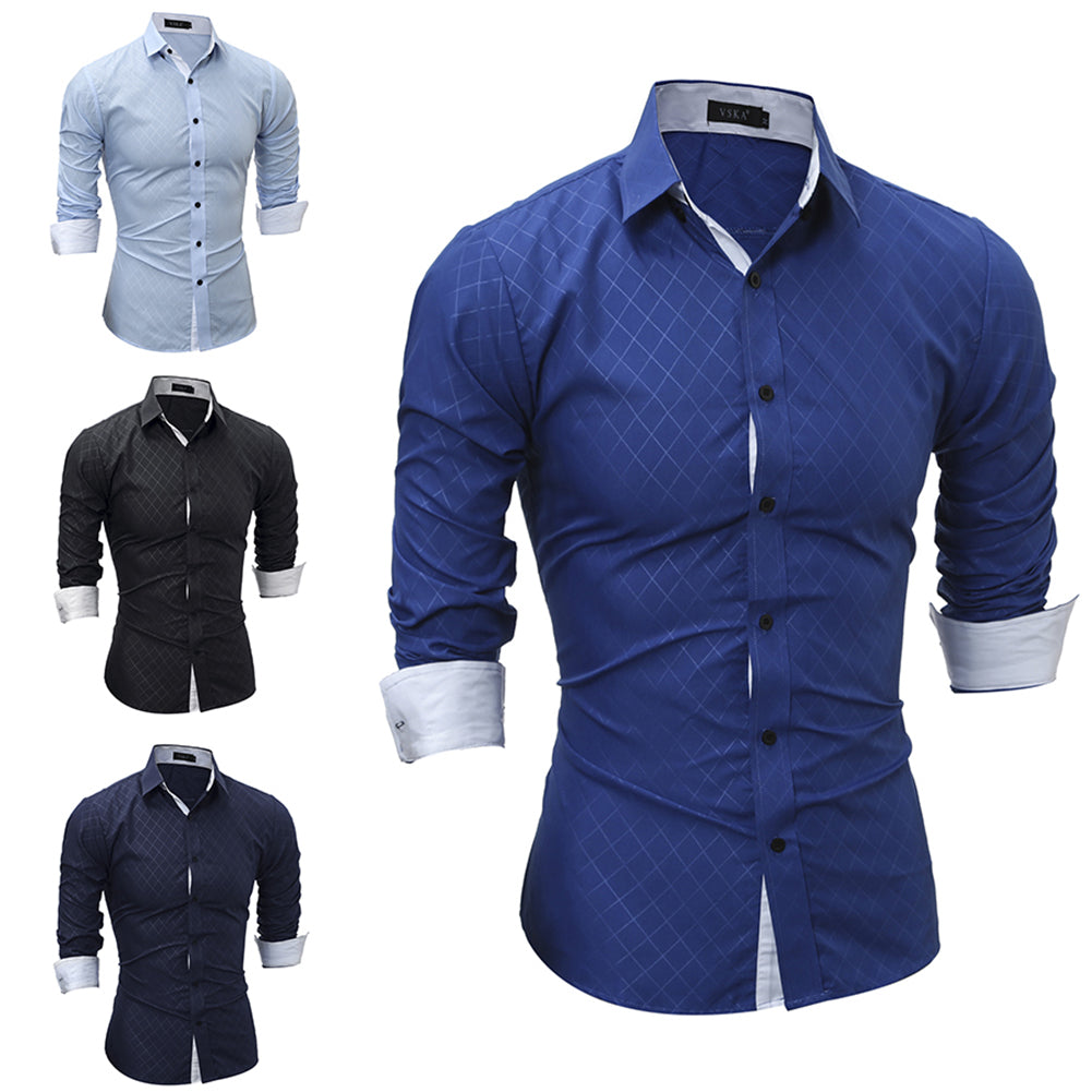 Fashion Casual Lapel Shirt Button Down Plaid Long Sleeve Slim Fit Top Men Gift