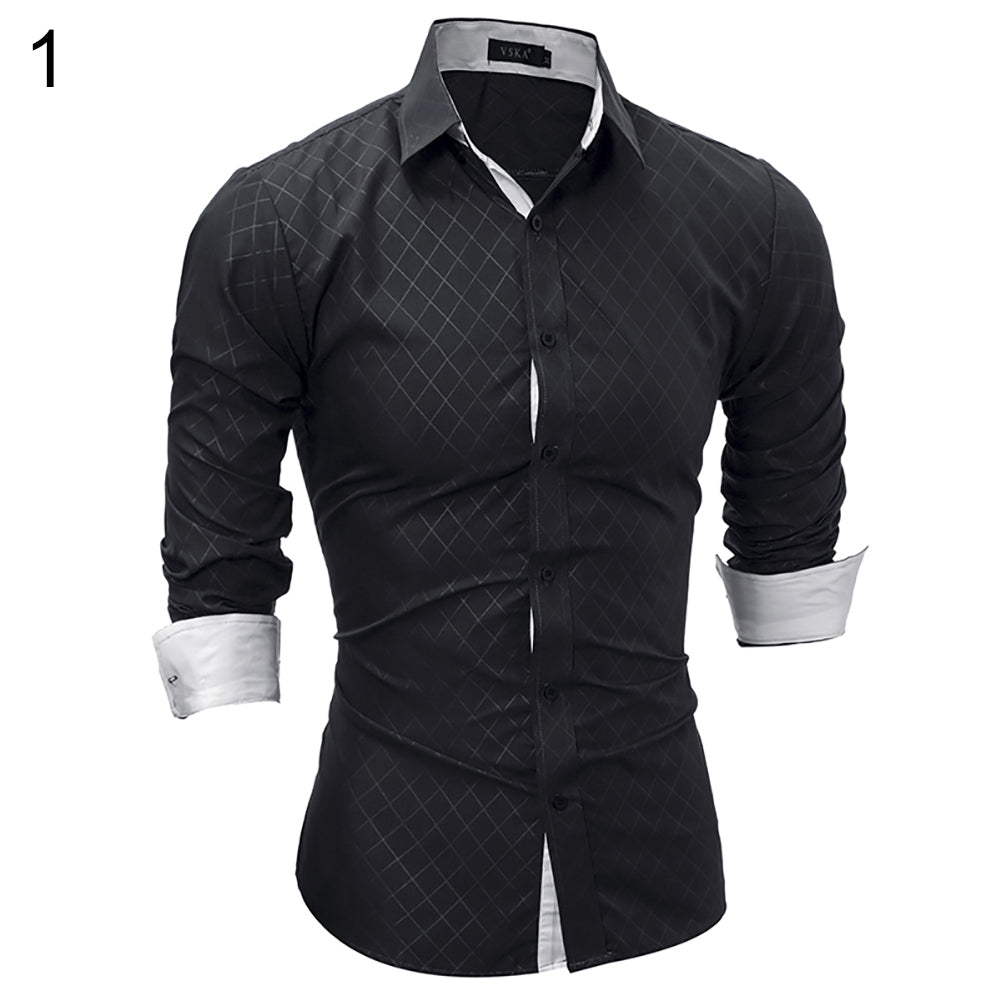 Fashion Casual Lapel Shirt Button Down Plaid Long Sleeve Slim Fit Top Men Gift