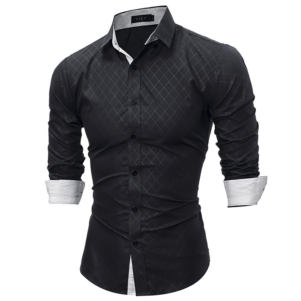 Fashion Casual Lapel Shirt Button Down Plaid Long Sleeve Slim Fit Top Men Gift