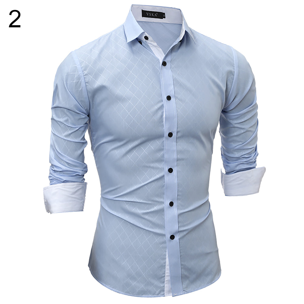 Fashion Casual Lapel Shirt Button Down Plaid Long Sleeve Slim Fit Top Men Gift
