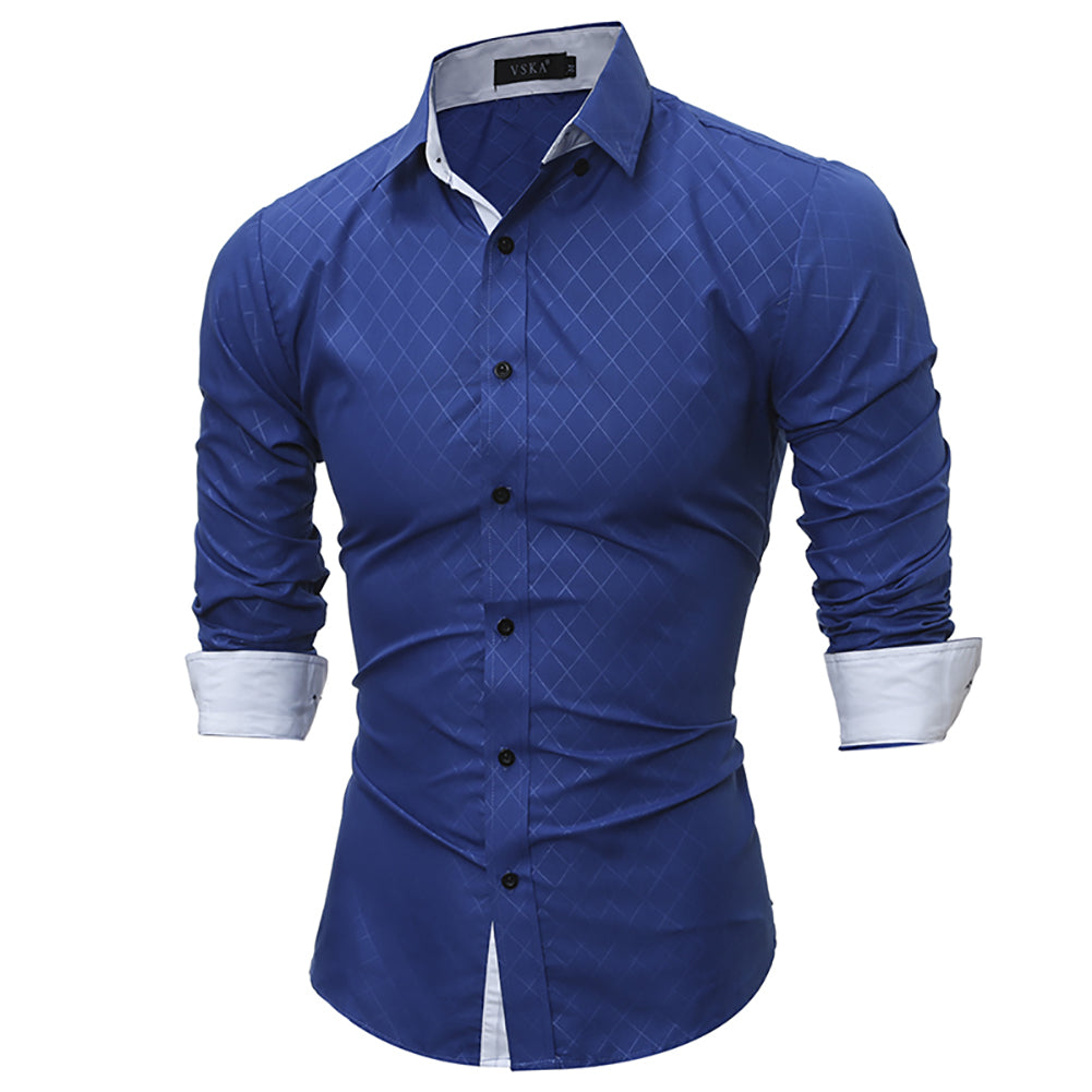 Fashion Casual Lapel Shirt Button Down Plaid Long Sleeve Slim Fit Top Men Gift
