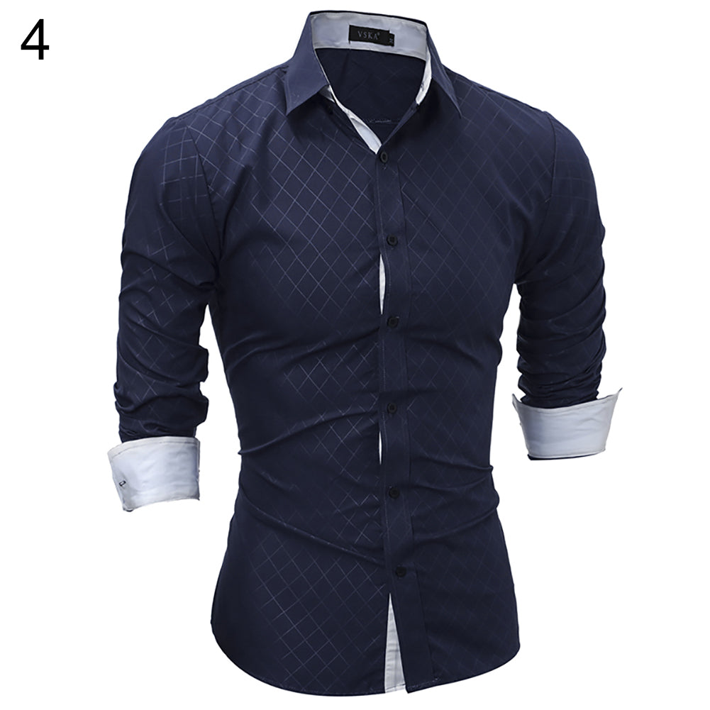Fashion Casual Lapel Shirt Button Down Plaid Long Sleeve Slim Fit Top Men Gift