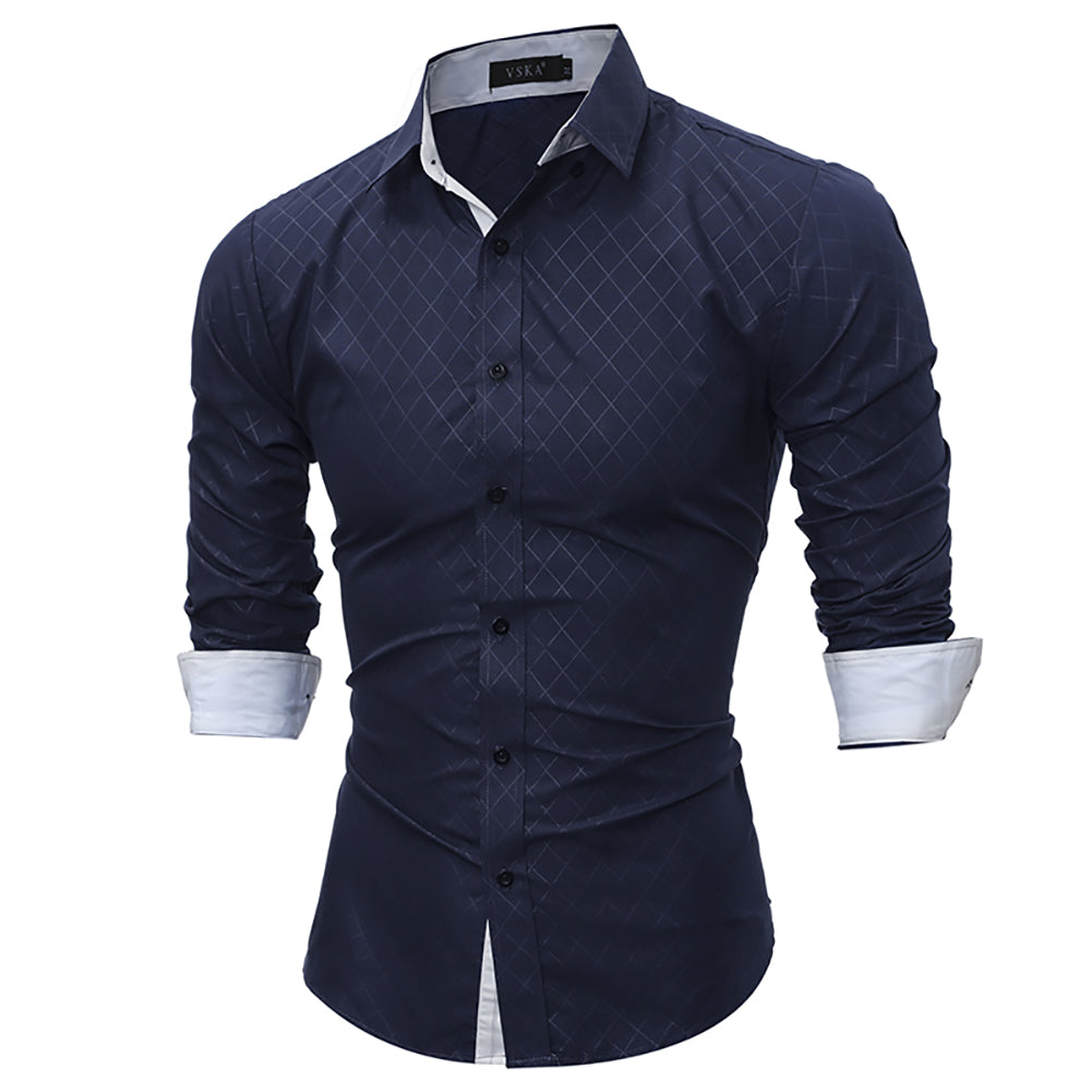 Fashion Casual Lapel Shirt Button Down Plaid Long Sleeve Slim Fit Top Men Gift