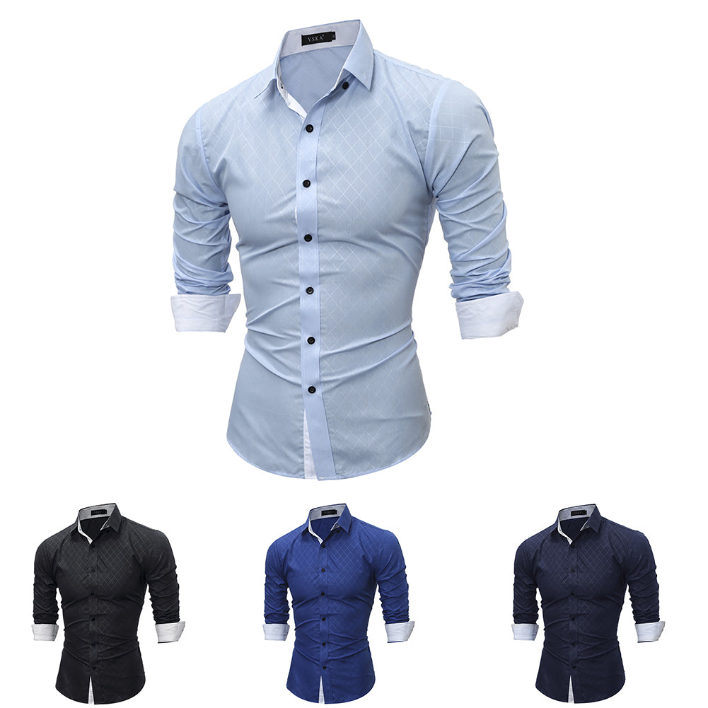 Fashion Casual Lapel Shirt Button Down Plaid Long Sleeve Slim Fit Top Men Gift
