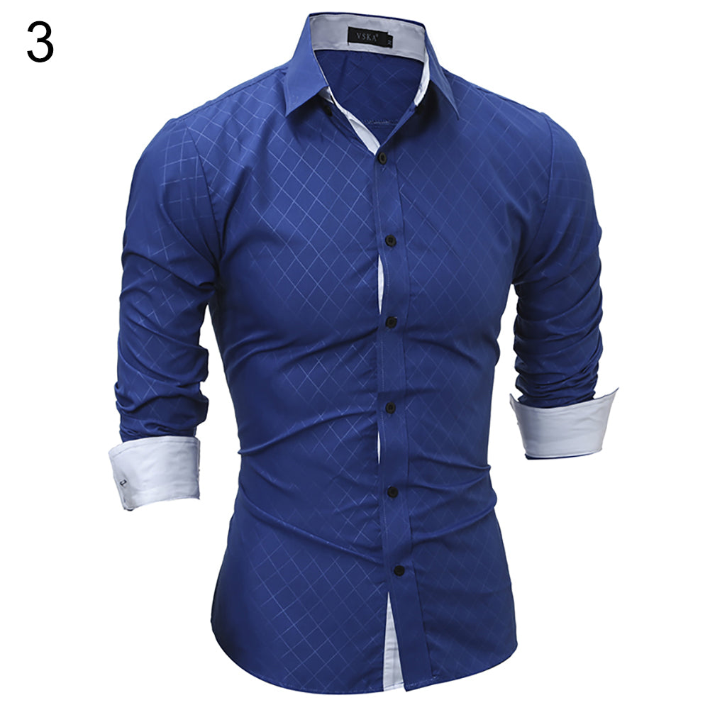 Fashion Casual Lapel Shirt Button Down Plaid Long Sleeve Slim Fit Top Men Gift