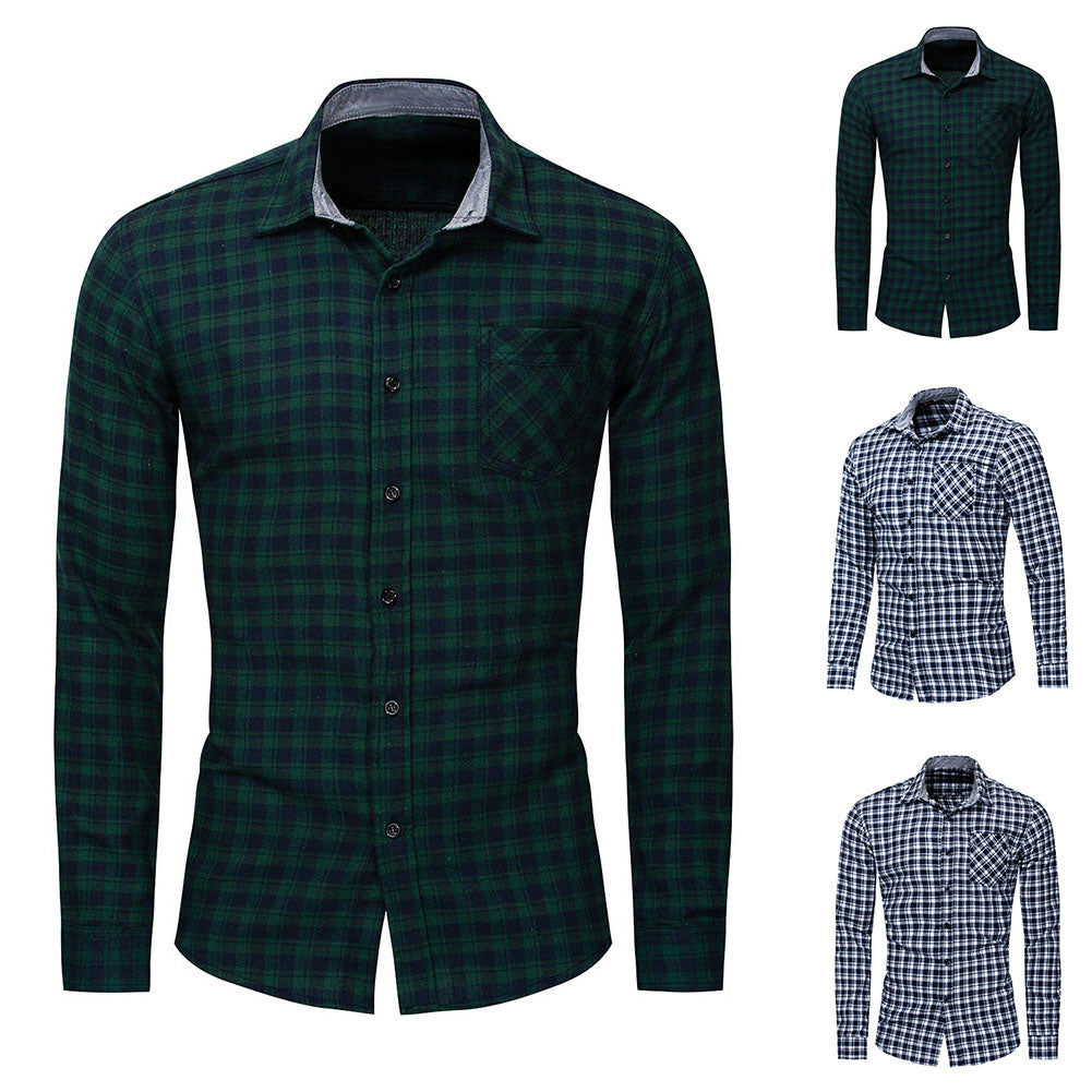 Casual Plaid Print Pocket Men Shirt Turn Down Collar Long Sleeve Slim Fit Top