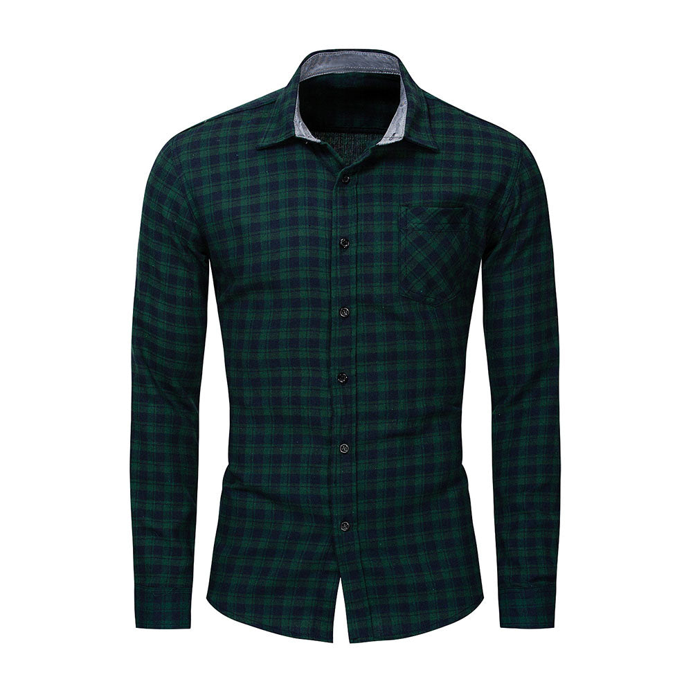 Casual Plaid Print Pocket Men Shirt Turn Down Collar Long Sleeve Slim Fit Top