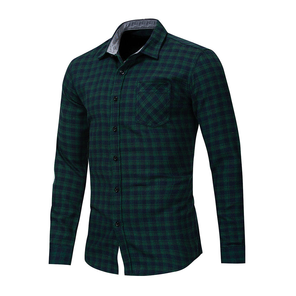 Casual Plaid Print Pocket Men Shirt Turn Down Collar Long Sleeve Slim Fit Top