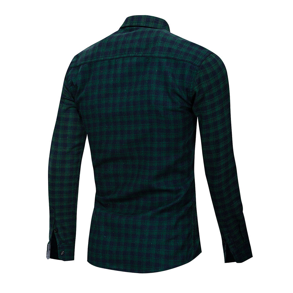Casual Plaid Print Pocket Men Shirt Turn Down Collar Long Sleeve Slim Fit Top