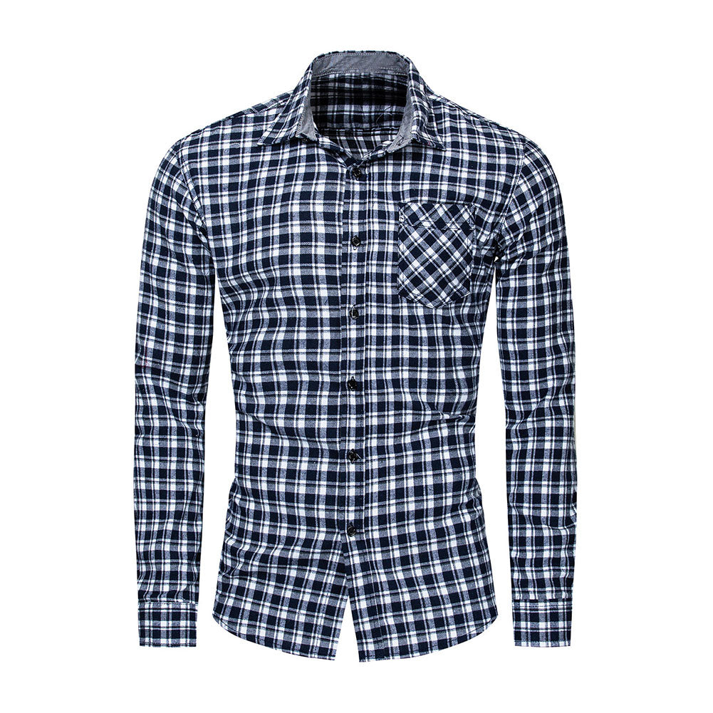 Casual Plaid Print Pocket Men Shirt Turn Down Collar Long Sleeve Slim Fit Top