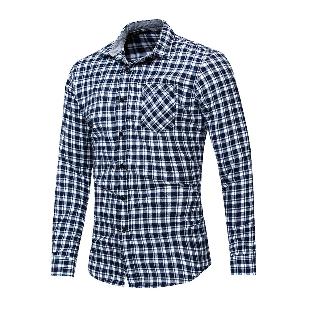 Casual Plaid Print Pocket Men Shirt Turn Down Collar Long Sleeve Slim Fit Top