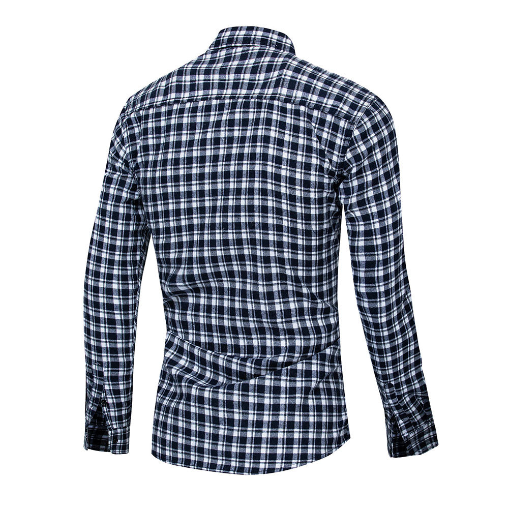 Casual Plaid Print Pocket Men Shirt Turn Down Collar Long Sleeve Slim Fit Top