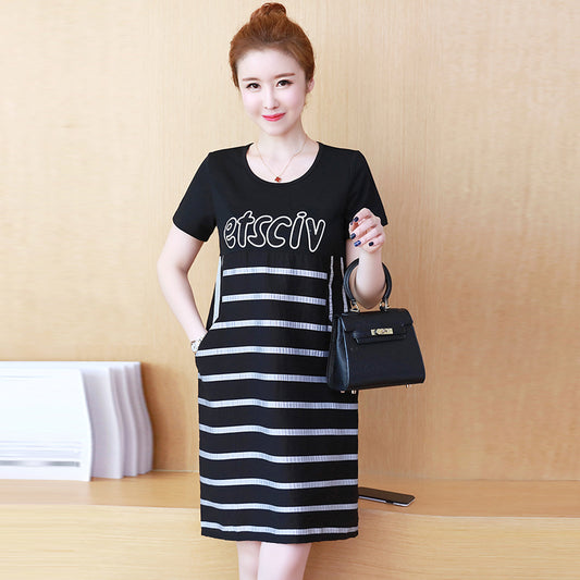 Medium long striped short-sleeved Korean loose T-shirt bottoming skirt