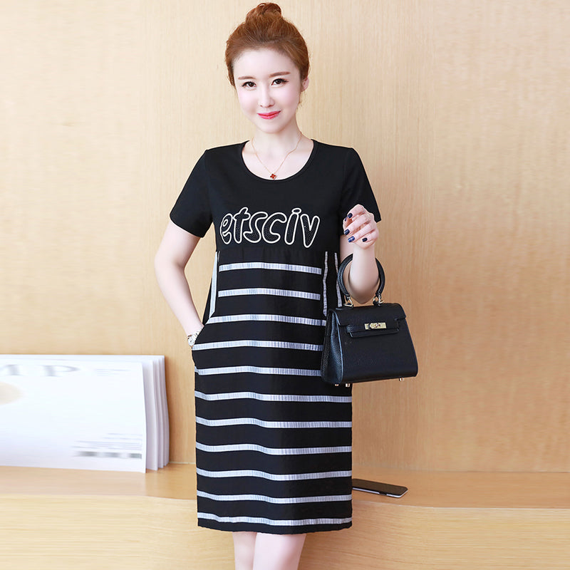 Medium long striped short-sleeved Korean loose T-shirt bottoming skirt