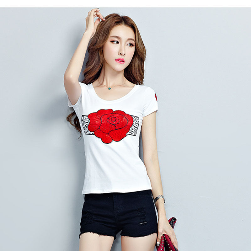 Cotton printed letter Slim short-sleeved T-shirt blouse