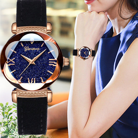 Fashion Women Shiny Round Dial Faux Leather Strap Analog Quartz Wrist Watch