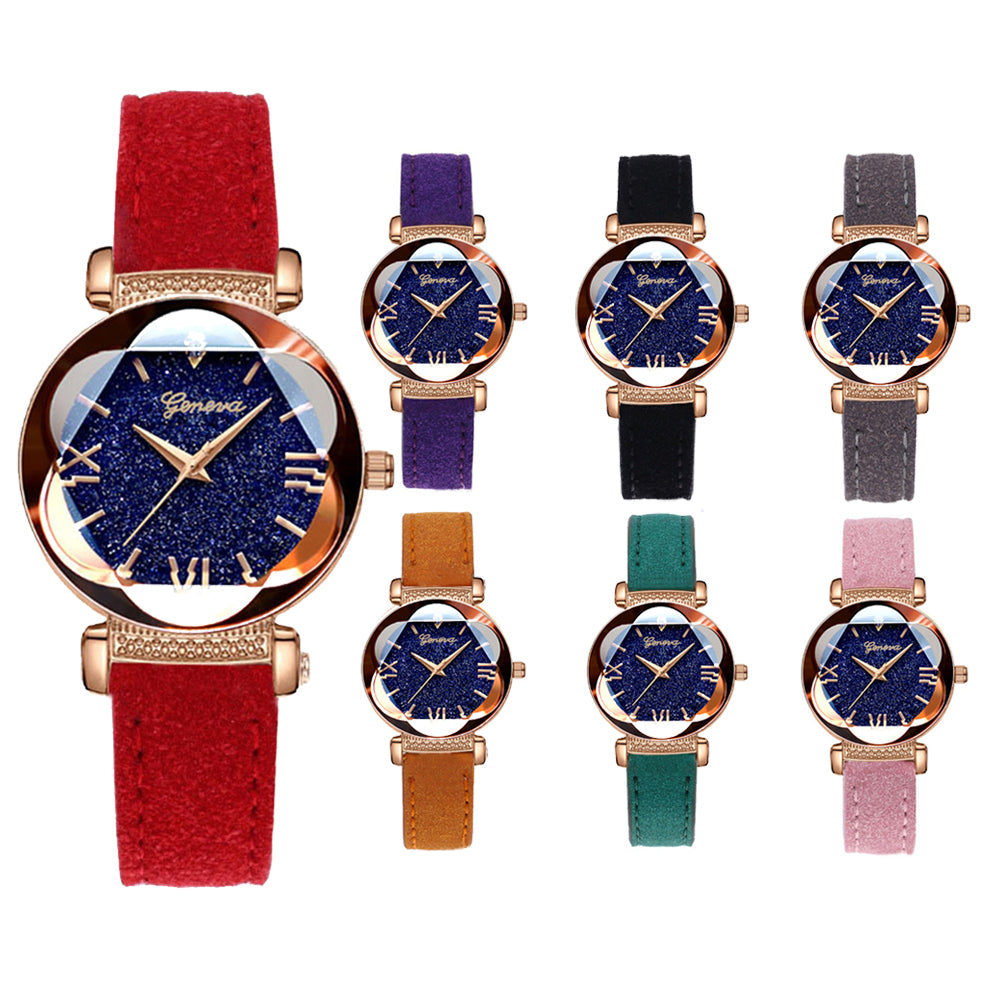 Fashion Women Shiny Round Dial Faux Leather Strap Analog Quartz Wrist Watch